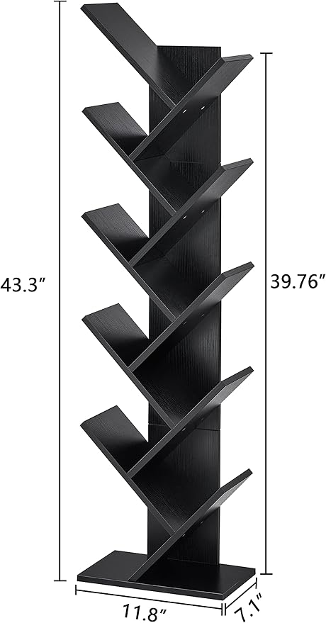 Hoctieon 10 Tier Tree Bookshelf, 10 Shelf Bookcase, Free Standing Tree Bookcase, Display Floor Standing Shelf for Books, Book Organizer Shelves for Home Office, Living Room, Bedroom, Black