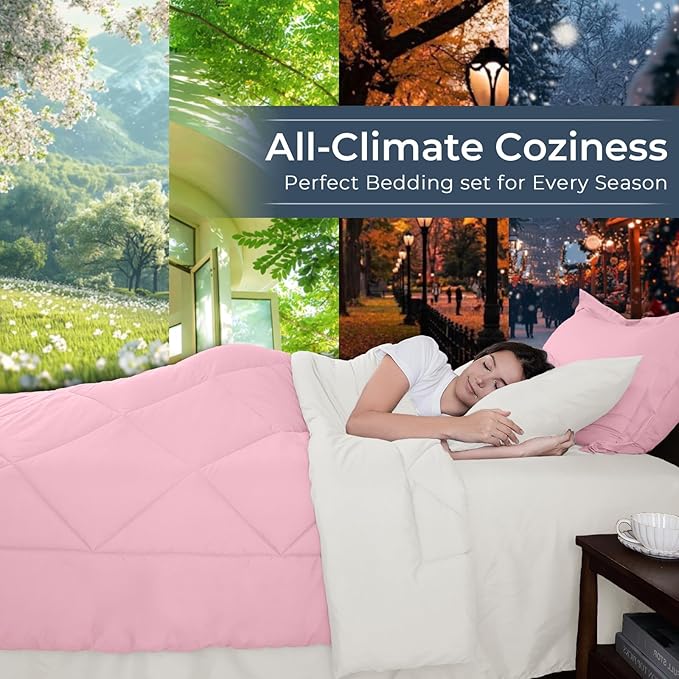 HEVUMYI Full Comforter Set - 7-Piece All Season Bed in a Bag Full, Ultra Soft Bedding Set with Comforter, Flat Sheet, Fitted Sheet, Pillowcases, Pillow Shams, Pink & Ivory