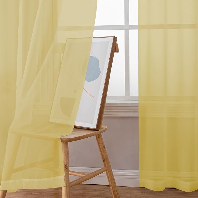 Simplebrand Yellow Sheer Curtains 63 Inch Length 2 Panels, Rod Pocket Solid - Image 3