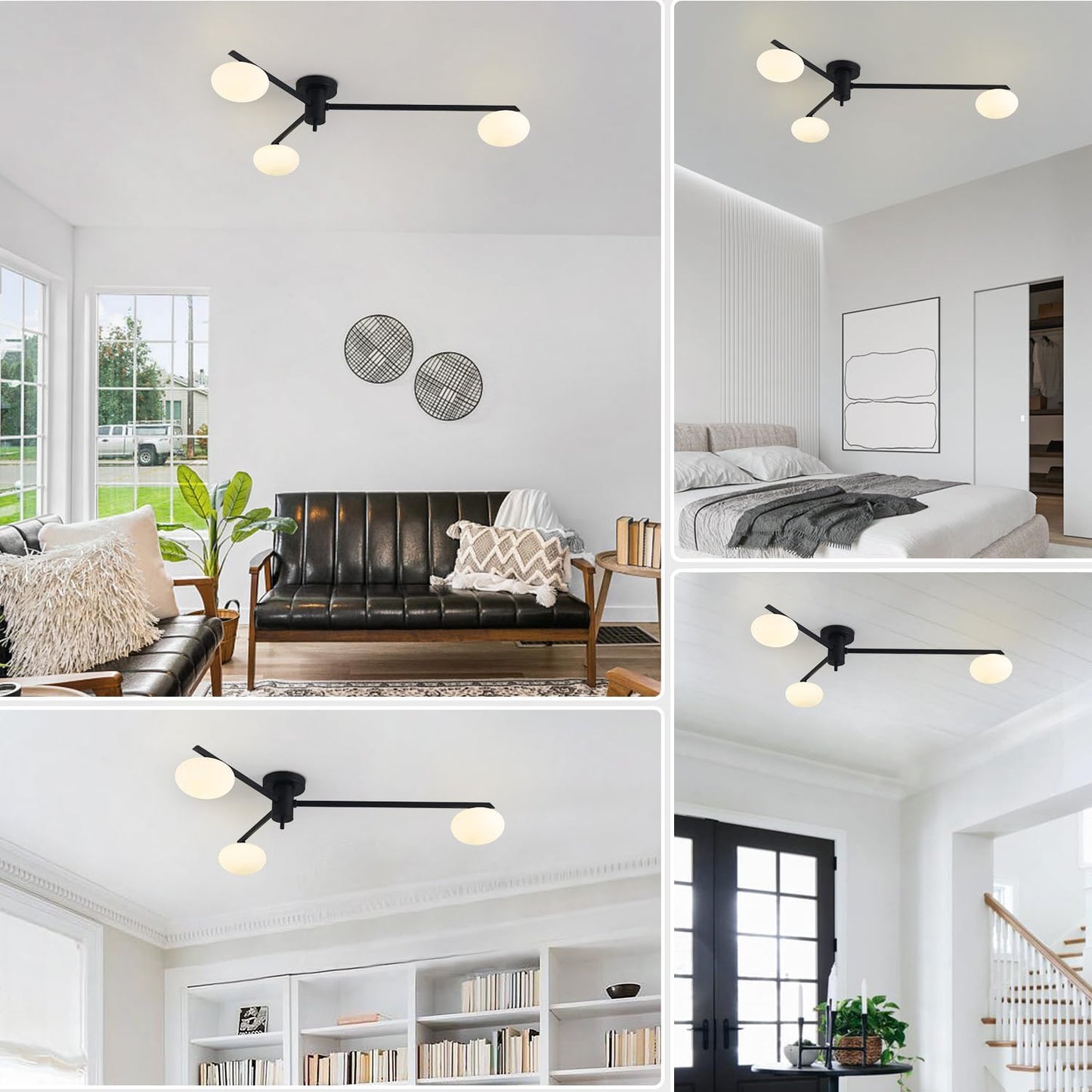 3-Light Modern Sputnik Chandelier with Milk Glass Shade - Black Flush Mount Ceiling Light for Kitchen