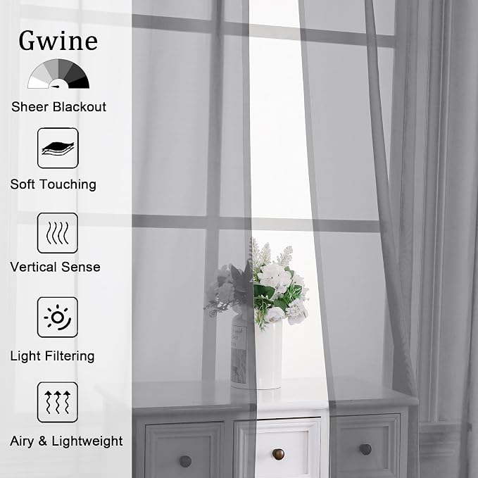 Gwine Charcoal Grey Sheer Curtains 30 Inch Length, Short Light Filtering Voile - Image 3