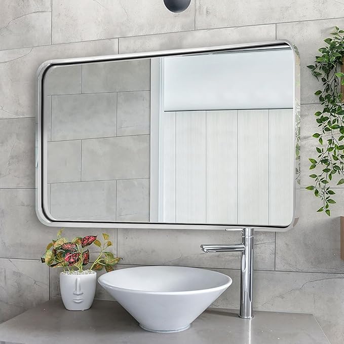 ANDY STAR Chrome Mirrors for Bathroom, 24x40’’ Chrome Rounded Rectangle Mirror Stainless Steel Metal Tube Framed (Anti-Rust), Wall-Mounted Horizontal/Vertical