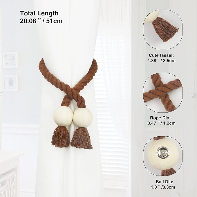 2 Pack Magnetic Curtain Tiebacks Cotton Hand Woven Tie Back Decorative Rope - Image 3