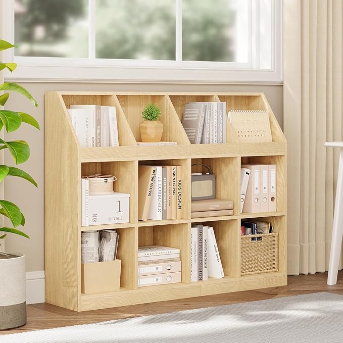 12-Cube Wooden Storage Bookcase - 11-Inch Open Shelf Cabinet, Simple Modern Bookshelf Organizer for Home Office, Living Room, Oak
