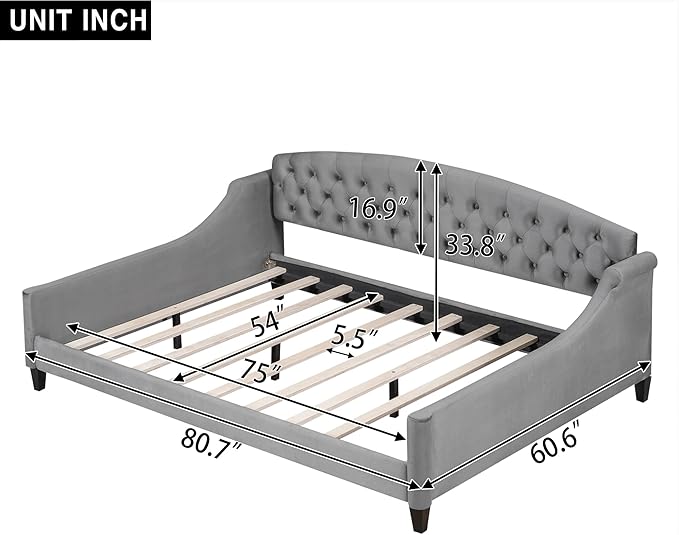 Full Size Modern Luxury Tufted Button Daybed, Stylish Wood Upholstered Day Bed,No Box Spring Required, Easy Assembly,for Bedroom,Living Room and Guest Room,Den,Office,Gray