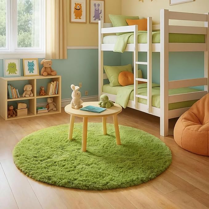 Grass Green Round Rug 4Ft for Bedroom, Fluffy Shag Circle Area Rugs for Kids - Image 4
