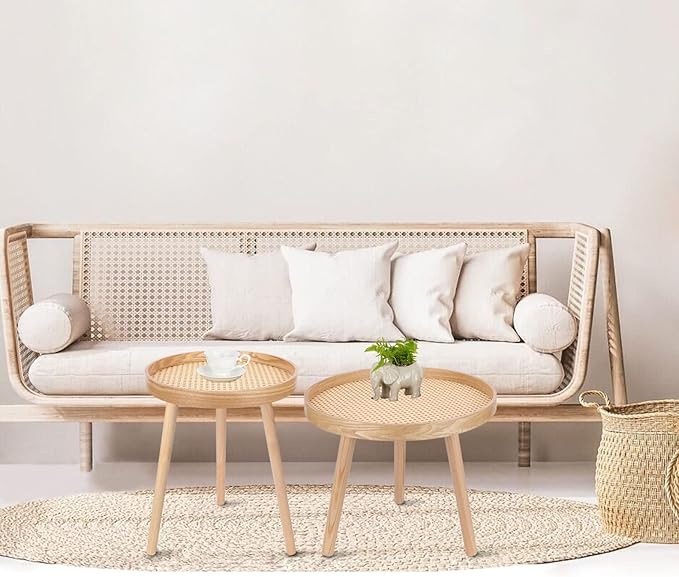 Round Coffee Table Set of 2, Natural Boho Side Table, Small Mid Century Modern Rattan End Tables for Living Room Bedroom Office