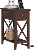 ChooChoo End Table with Charging Station, Narrow Side Table with USB Ports and Outlets, Nightstand with Drawer, for Small Spaces, Bedside Tables for Living Room Espresso