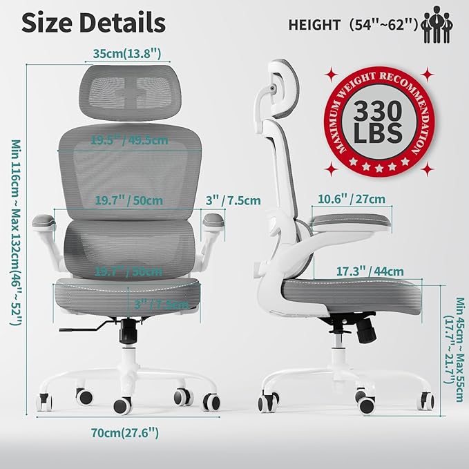 TRALT Ergonomic Office Chair - Desk Chair with Adjustable Headrest Lumbar Support Computer Chair - Mesh Comfy Chair with Flip-up Armrests - Gaming Chairs for Adults Home Office (Leather, Grey)