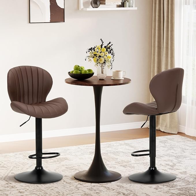 COLAMY Bar Stools Set of 4, Modern Swivel Bar Chairs, Adjustable Faux Leather Upholstered Barstools Counter Height with High Backrest for Bar, Kitchen Island, Dining Room, Brown