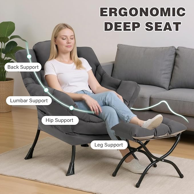 Lazy Chair with Ottoman, Modern Accent Chair Contemporary Lounge Leisure Sofa Chair with Armrests, Reading Chair and Folding Footstool Set for Living Room, Bedroom, Office, Dark Grey