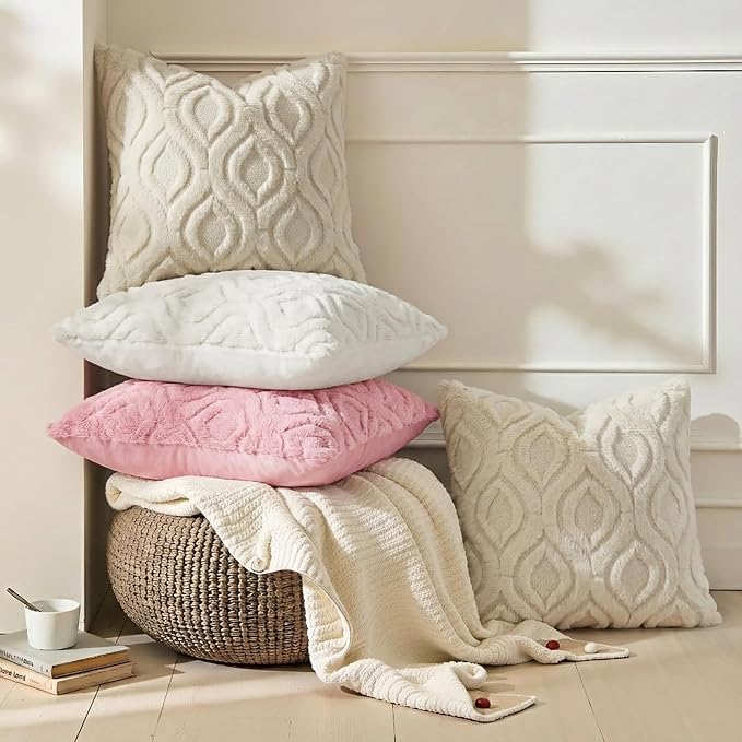 decorUhome Throw Pillow Covers 26x26 Inch Set of 2, Soft Plush Faux Wool Beige - Image 4