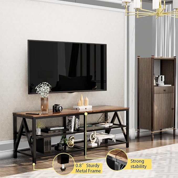 TV Stand for TVs up to 65 Inch, 55" Long Industrial TV Console Table with 3-Tier Storage Shelves, Entertainment Center for Living Room, Bedroom (Rustic Brown)
