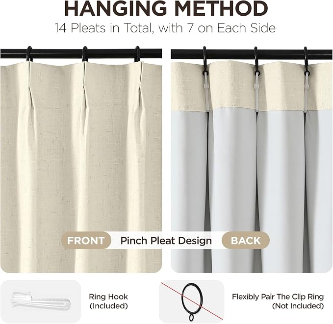 Joydeco Pinch Pleated Linen Curtains Darkening Drapes - Image 3