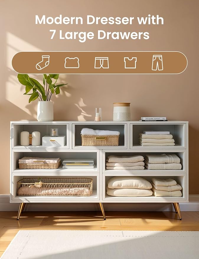 7 Drawer Dresser for Bedroom - White & Gold Chest of Drawers, High Gloss MDF Organizer Storage with Drawers with Golden Handles, Wide Storage Dresser for Bedroom