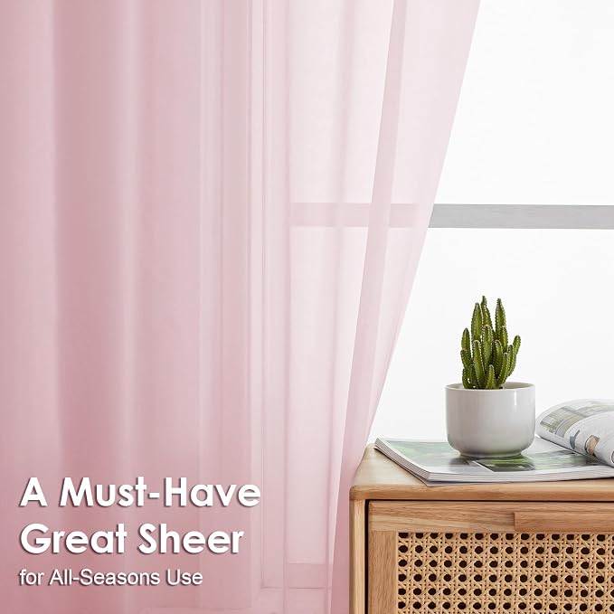OVZME Blush Pink Sheer Curtains 90 Inches Long 2 Panels - Image 2