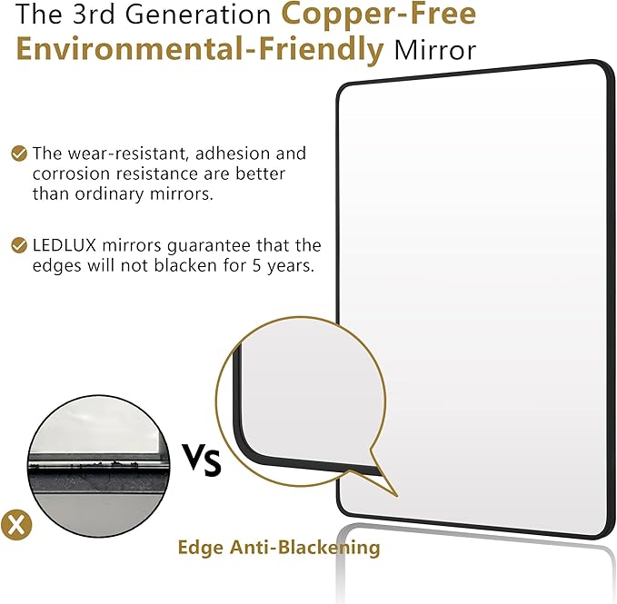 24"x30" Bathroom Wall Mirror with Matte Black Metal Frame & HD Glass, Copper-Free Mirrors Modern Rectangle Round Corner Framed Vanity Mirror - Horizontal or Vertical Installation
