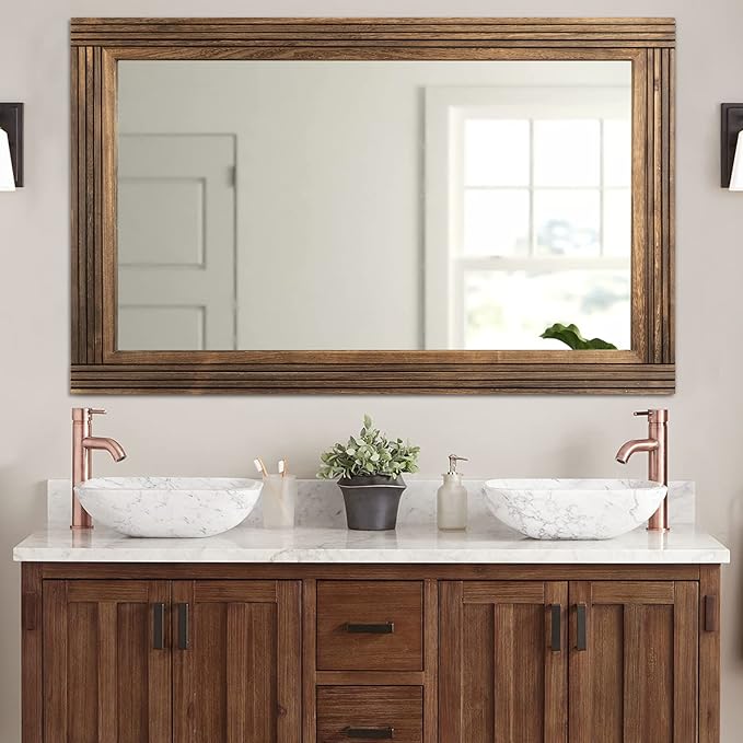 YOSHOOT Hand-Made Wooden Spliced Wall Mirror for Bathroom, Rustic Farmhouse Vanity Mirror, Décor Wall Art, Solid Wood Frame, Vertical or Horizontal Hanging