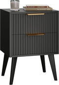 Fluted Nightstand with 2 Drawers,Modern Bedside Table with Metal Handles,White Side Table with Solid Wood Legs,Mid Century End Table for Living Room,Bedroom,Black CTG55BK