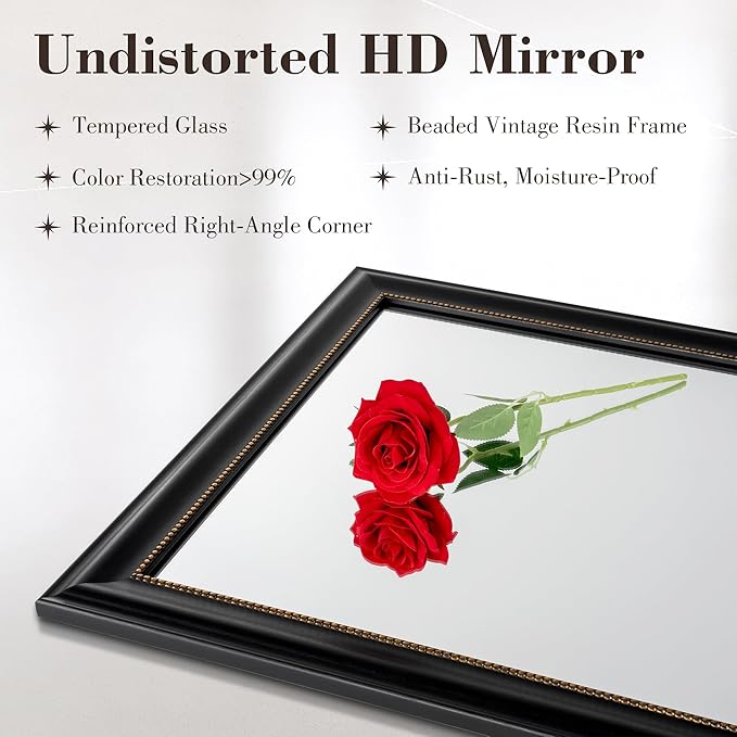 Axeman 32x48 Rectangular Wall Mirror, Decorative Bathroom Mirror, Traditional Vintage Wall Mounted Mirror with Beaded Frame for Accent Living Room Vanity Bedroom Entryway, Black