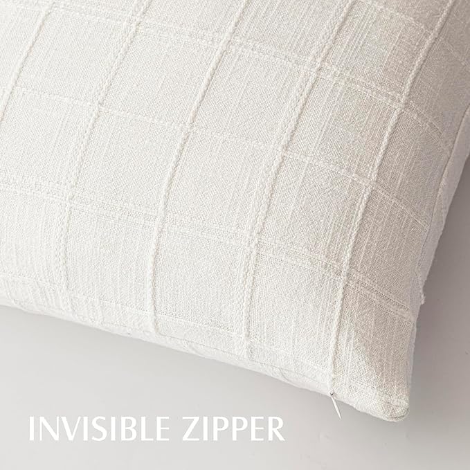 Foindtower Set of 2 Decorative Linen Check Throw Pillow Covers Neutral Farmhouse Vintage Cushion Covers Modern Boho Home Decor for Sofa Chair Couch Bedroom Living Room Outdoor,22×22 Inch,Cream White