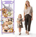 Stuffed Animal Storage Zoo with Wheels, Wooden Large Stuff Animals Plushies Holder Toy Organizer Kids Plush Storage Cage with Elastic Band and Net for Nursery Playroom Corner for Toddler (Purple)