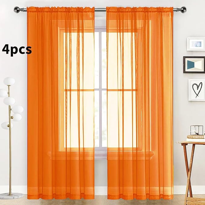 SpaceDresser Orange Sheer Curtains 4 Panels Rod Pocket Semi-Sheer Curtain 90 - Image 2
