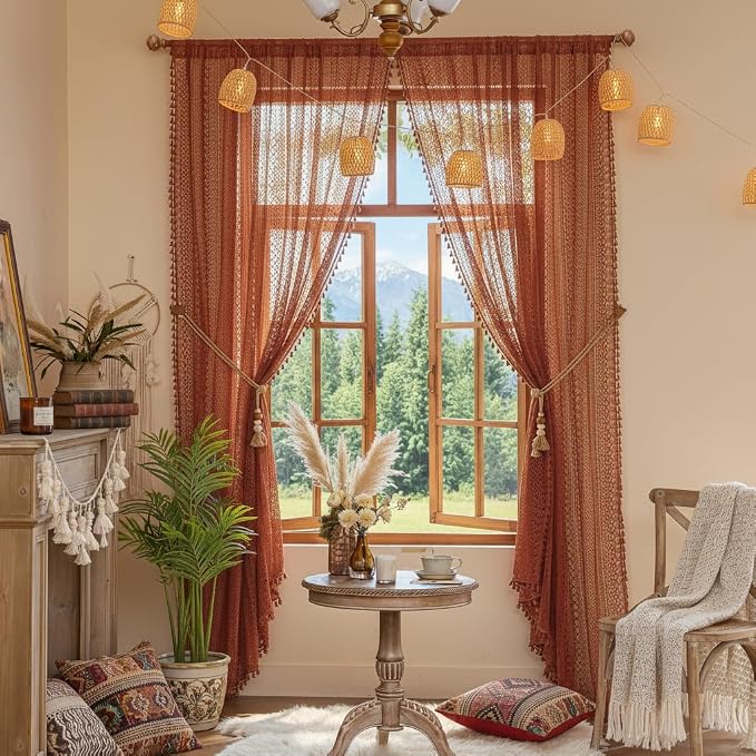 WAZZIO Boho Lace Curtains 84 Inches 2 Panel, Light Filtering Privacy Tassel & - Image 7