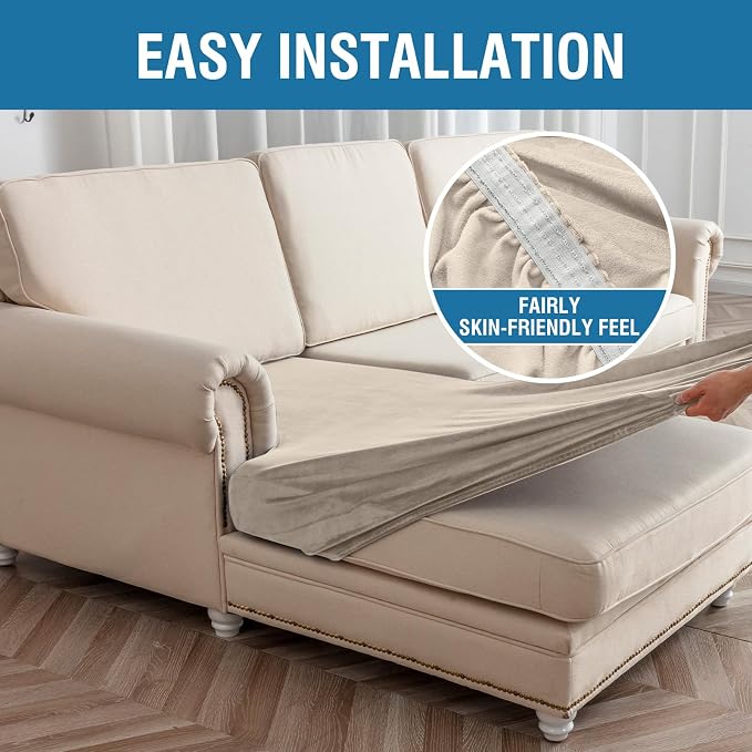 Couch Cover 3-Piece Elastic Velvet Couch Cushion Covers & Chaise Slipcovers - Image 5
