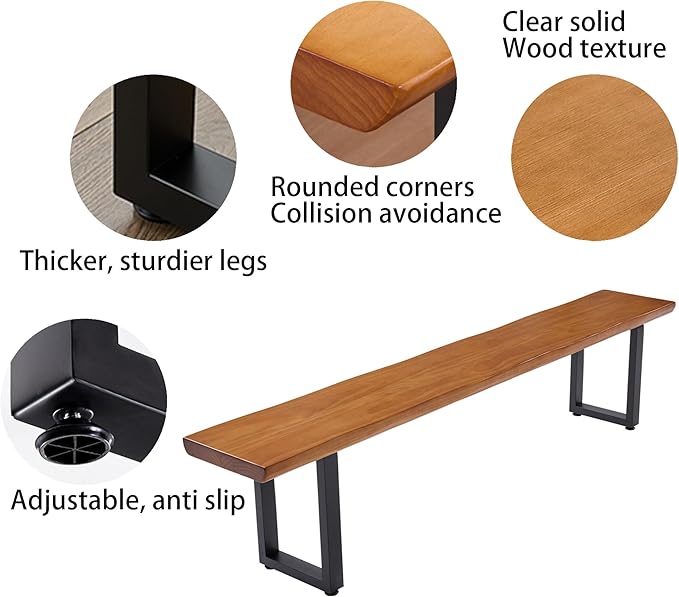 Durable Solid Wood Top Bench with Sturdy Metal Legs – Versatile Dining & Office Seating - Multi-Size Options Ideal for Living Room, Dining Room, and Home Office(Dark yellowbench, 62.99in)