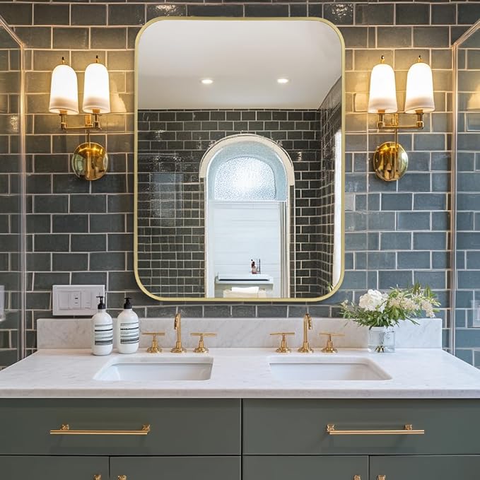 MZON 22x30 Inch Brushed Gold Vanity Mirror, Rectangle Bathroom Mirrors for Over Sink, Anti-Rust Frame & Tempered Glass, Hangs Horizontally/Vertically - Perfect for Farmhouse, Bedroom or Entryway Decor