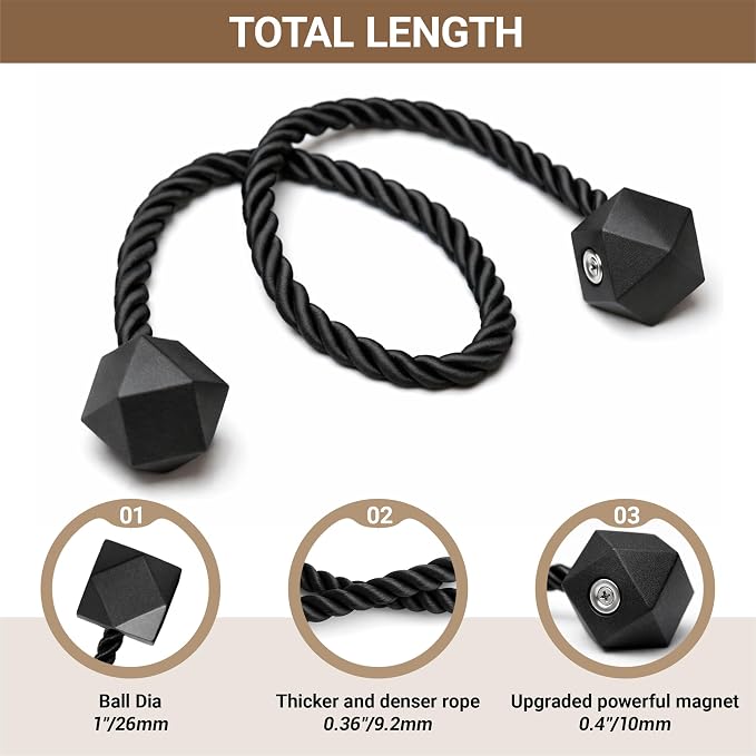 Hion Magnetic Curtain Tiebacks Black 6 Pack, Curtain Tiebacks Buckles Holdbacks - Image 2