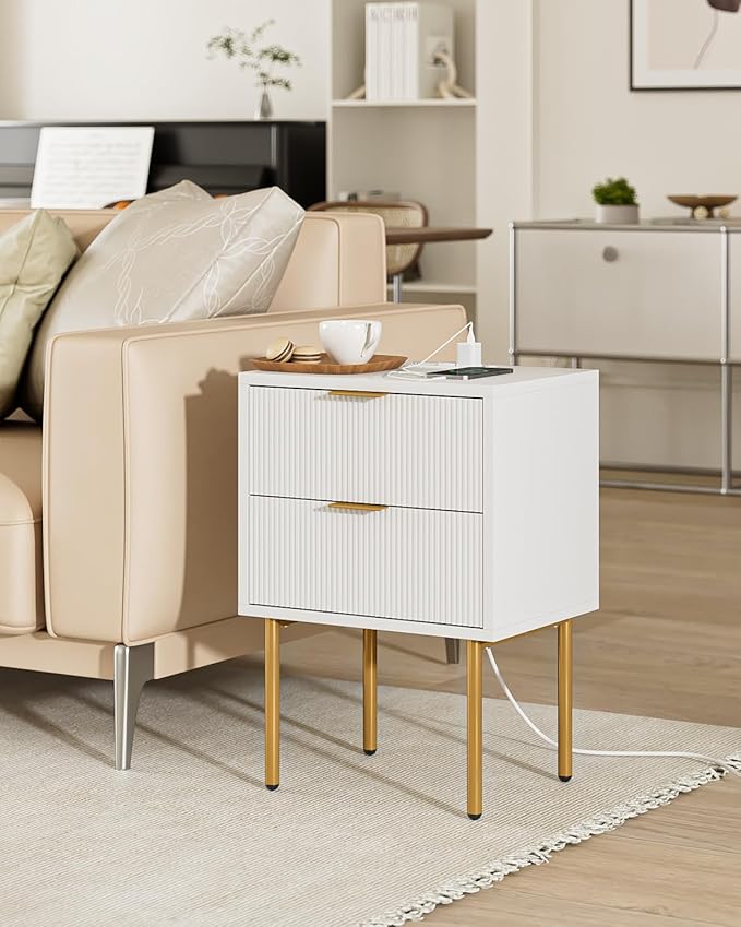 Nightstand,Small Bedside Table with Gold Frame,Morden Night Stand with 2 Drawer,End Table,Side Table with Drawer and Shelf for Bedroom,Living Room (White-2Drawer-Outlet)