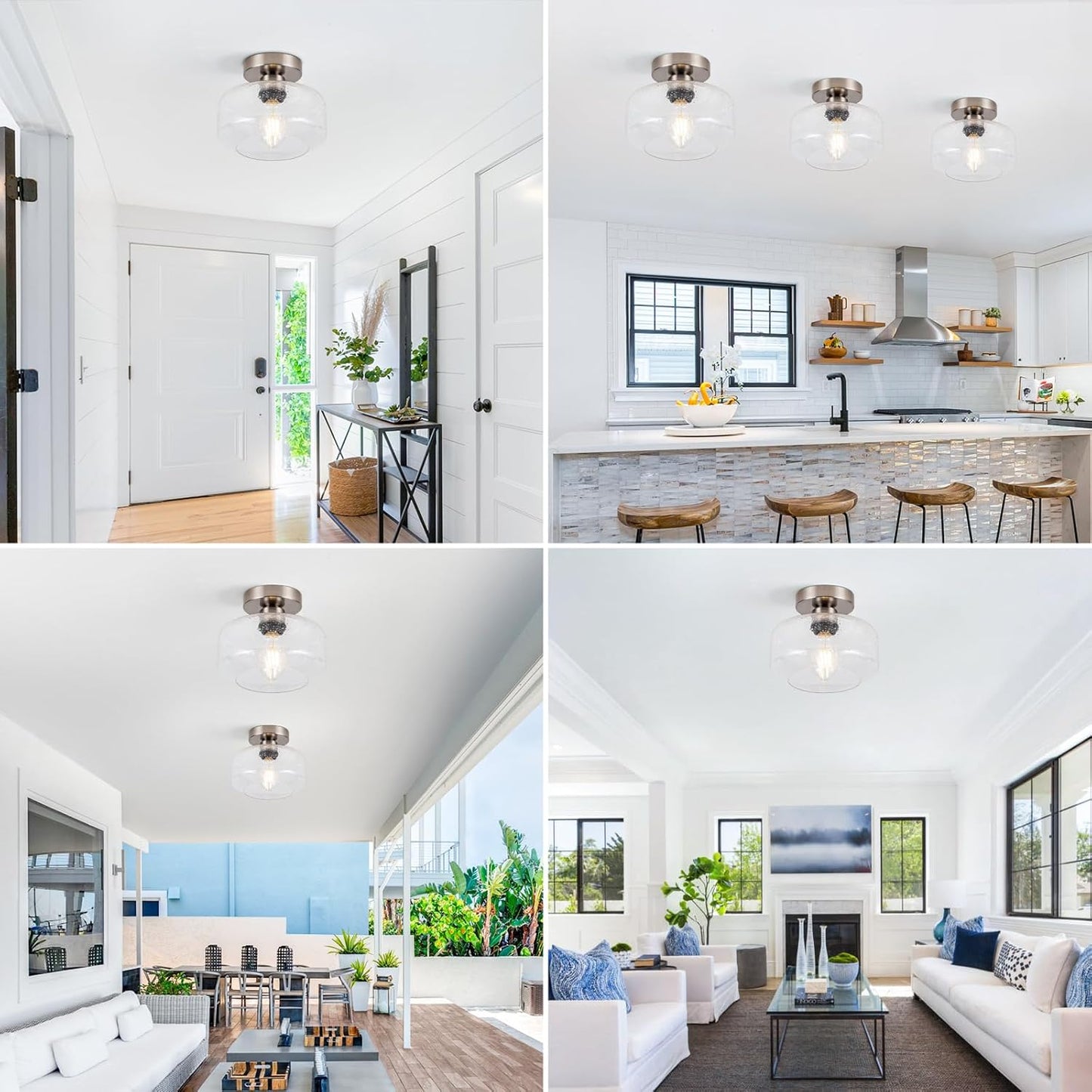 Semi Flush Mount Ceiling Light, Vintage Style - Clear Seeded Glass & Brushed Nickel with 900 Lumens LED Bulb Included, Suitable for Kitchen, Bathroom, Hallway, Bedroom, Entryway