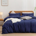 BESTOUCH Duvet Cover Set 100% Washed Cotton Linen Feel Super Soft Comfortable Chic Lightweight 3 PCs Home Bedding Set Solid Navy Blue King