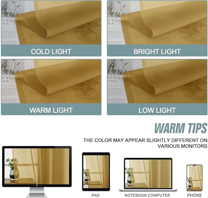Gold Sheer Curtains 63 Inch Length 2 Panels, Voile Sheer Curtain - Image 6