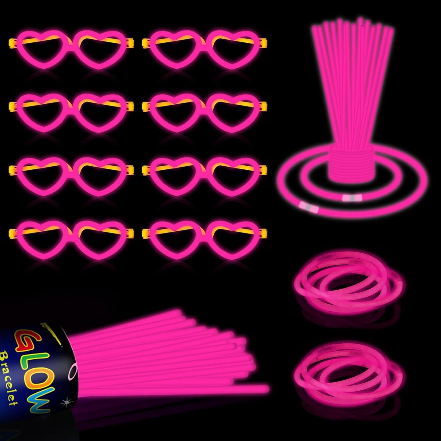 60 Pack 8” Pink Glow Sticks Bulk Bright Glow Sticks with 60 Connectors 20 Heart Glasses Glow In The Dark Party Supplies Neon Party Decorations Glow Bracelet Glasses for Holiday Carnival (Pink)