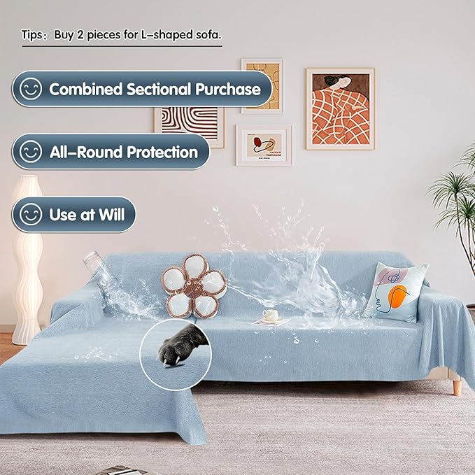 STACYPIK Waterproof Sky Blue Loveseat Couch Cover for Sectional, Couch Cover for Dogs, Anti-Slip Anti-Cat Scratch Furniture Protector for 2 Cushion Couch, Modern Couch Cushion Covers for Pets-71X71IN