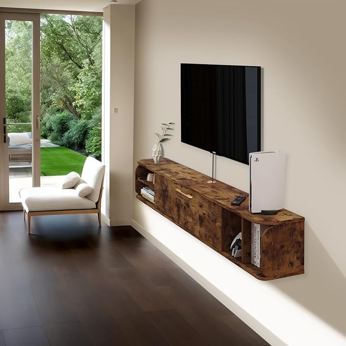 Floating TV Unit, 58'' Wall Mounted TV Cabinet, Floating Shelves with 4 Cabinets, Wooden Entertainment Media Console Center Large Storage TV Bench for Living Room & Office (Rustic Brown)