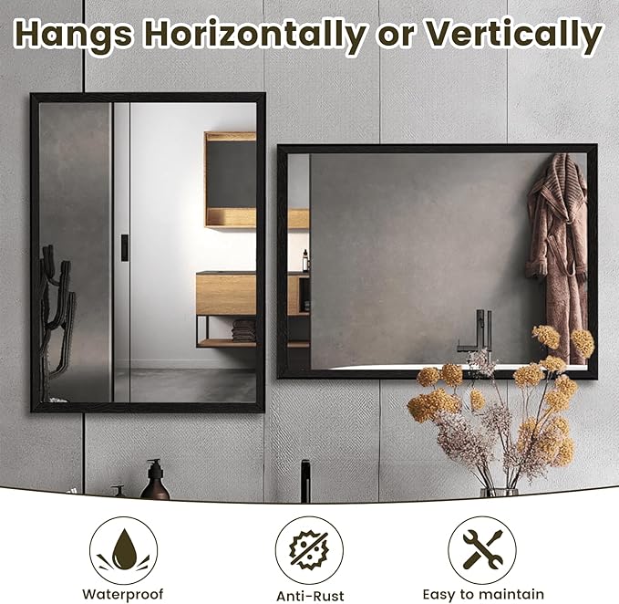 WEER Black Framed Mirror, 28X36 Inch Matte Black Wall Mirror for Bathroom, Rectangular Black Bathroom Vanity Mirror, Tempered Glass, Anti-Rust, Hangs Horizontal or Vertical