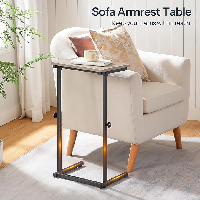 HOOBRO C Shaped End Table, Adjustable Height Side Table for Sofa, Couch Table for Small Space, Slide Under Small Tray Side Table for Living Room, Bedroom, Greige and Black BG71SF01