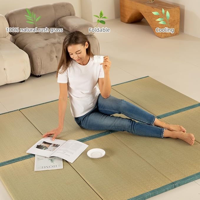 MustMat Japanese Floor Mattress Foldable Tatami Mats Folding Tatami Futon Mattress Rush Grass Floor Bed 35.4"x78.7"x1.2"(2 Piece Set)