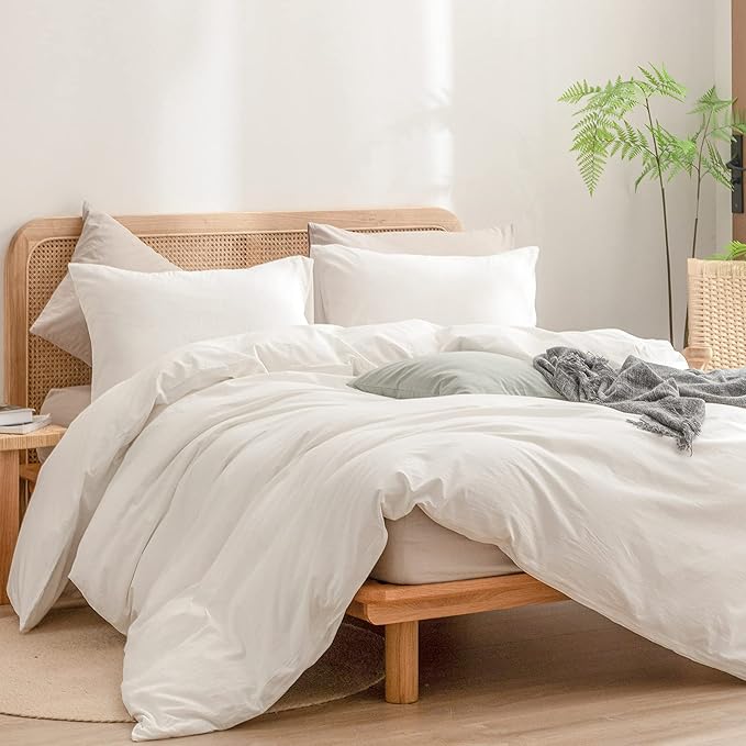 BESTOUCH Duvet Cover Set 100% Washed Cotton Linen Feel Super Soft Comfortable Chic Lightweight 2 PCs Home Bedding Set Solid Off White Twin/Twin XL