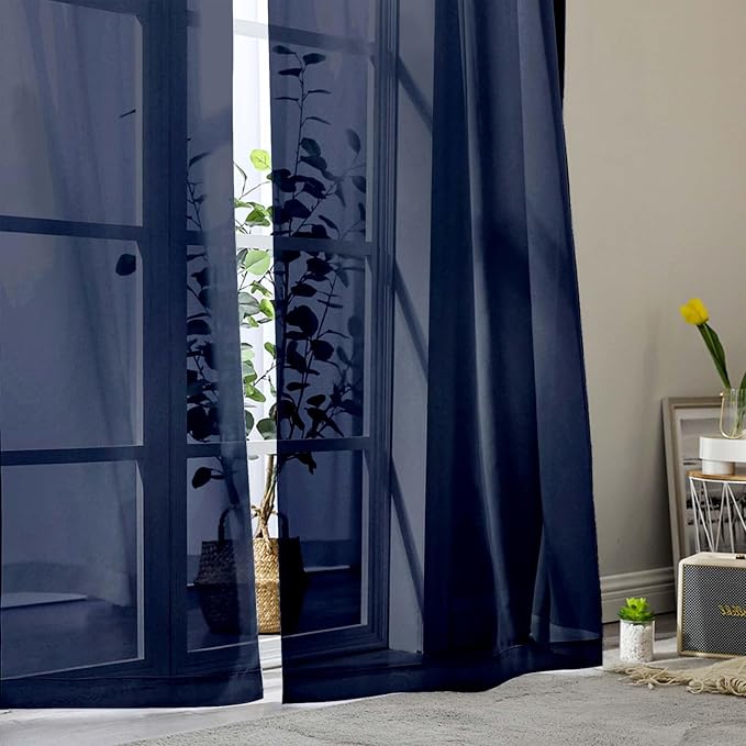 Sheer Navy Blue Curtains for Bedroom Living Room 90 Inches Long 2 Panels Set - Image 9