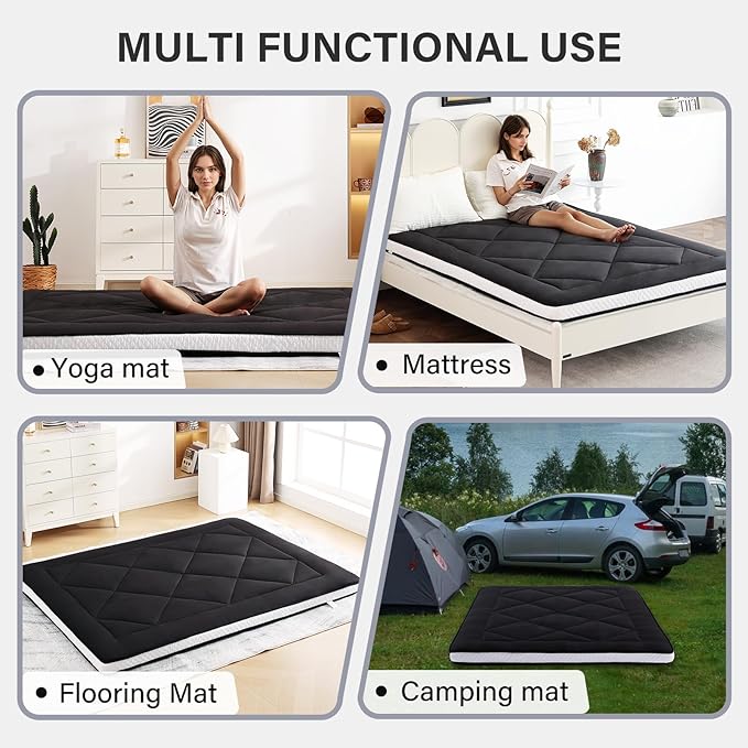 Welnow Japanese Futon Floor Mattress, Thick Full Size Tatami Mat Portable & Foldable Roll Up Floor Bed Mattress with Storage Bag, Sleeping Pad for Adults, Dorm, Guest Bed, Camping and Travel, Black