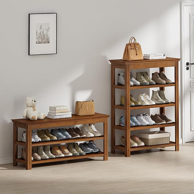 Bamworld Shoe Rack 5 Tier Wooden Storage Benches Wood Free Standing Shoe Shelf for Entryway Hallway (Brown,31.5")