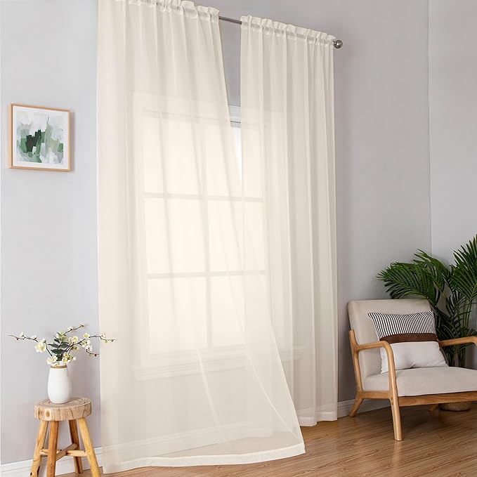 Simplebrand Cream Sheer Curtains 63 Inch Length 2 Panels, Rod Pocket Solid - Image 2