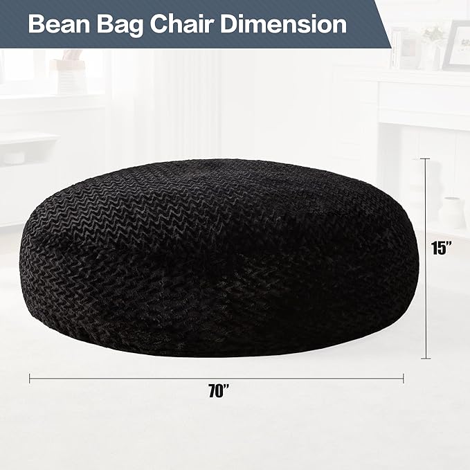 Hobestluk 6ft Bean Bag Chairs for Adults Large Beanbag Chair with Chevron Plush Fur Cover Big Bean Bag Chair for Living Room Bedroom Dorm Office - Black (70" x 70" x 15")