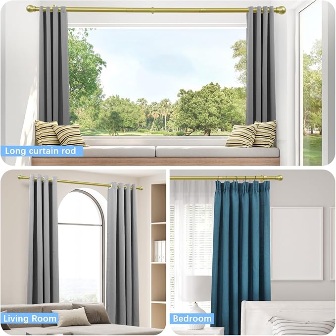 Curtain Rods for Windows 16 to 92 Inches, Curtain Rod Max Adjustable Length of 104 IN, 6/8" Diameter Drapery Rods Round Finials, Warm Gold, Pack of 2