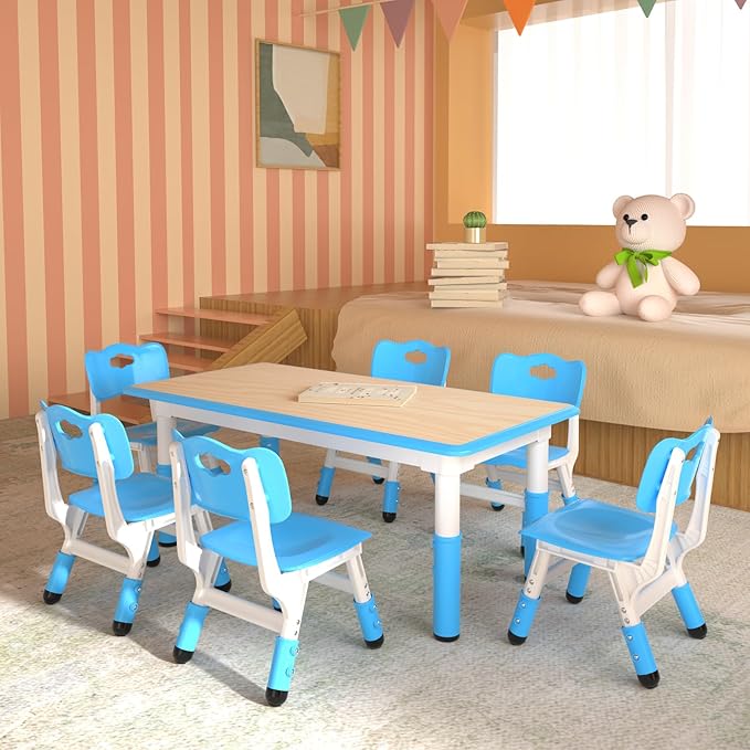 Kids Table and 6 Chairs Set，Height Adjustable Children Table & Chair，Toddlers Study Multi-Activity Table with 47.2"x23.6" Wipe-Clean Desktop，for Classrooms, Homes & Daycares